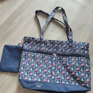 Puerto Rico Fish & Sailboat Print Tote Bag With Zipper Closure & Pouch Navy Blue